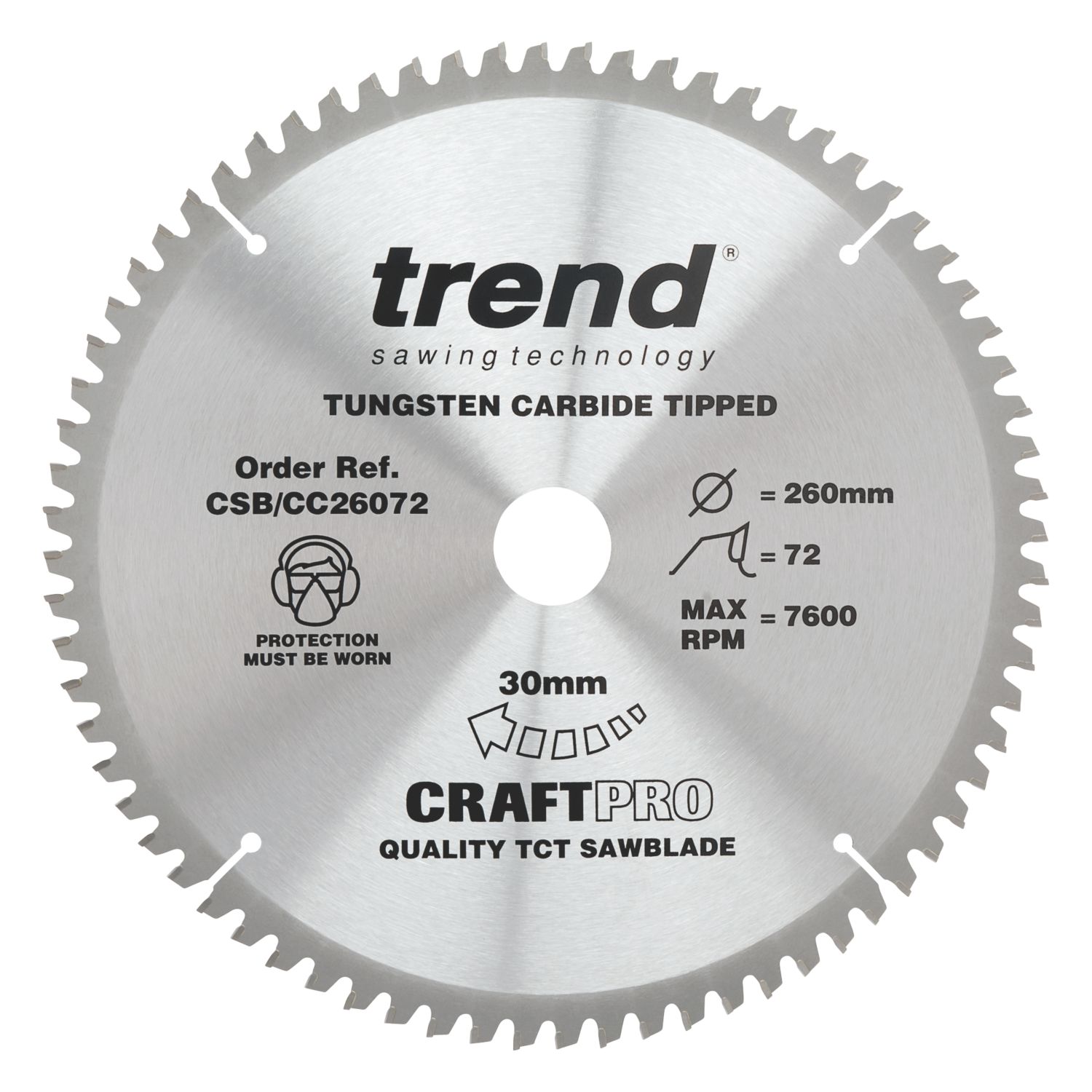 Trend CSB/CC26072 Wood/Chipboard/MDF Circular Saw Blade 260mm x 30mm 72T (988PV)