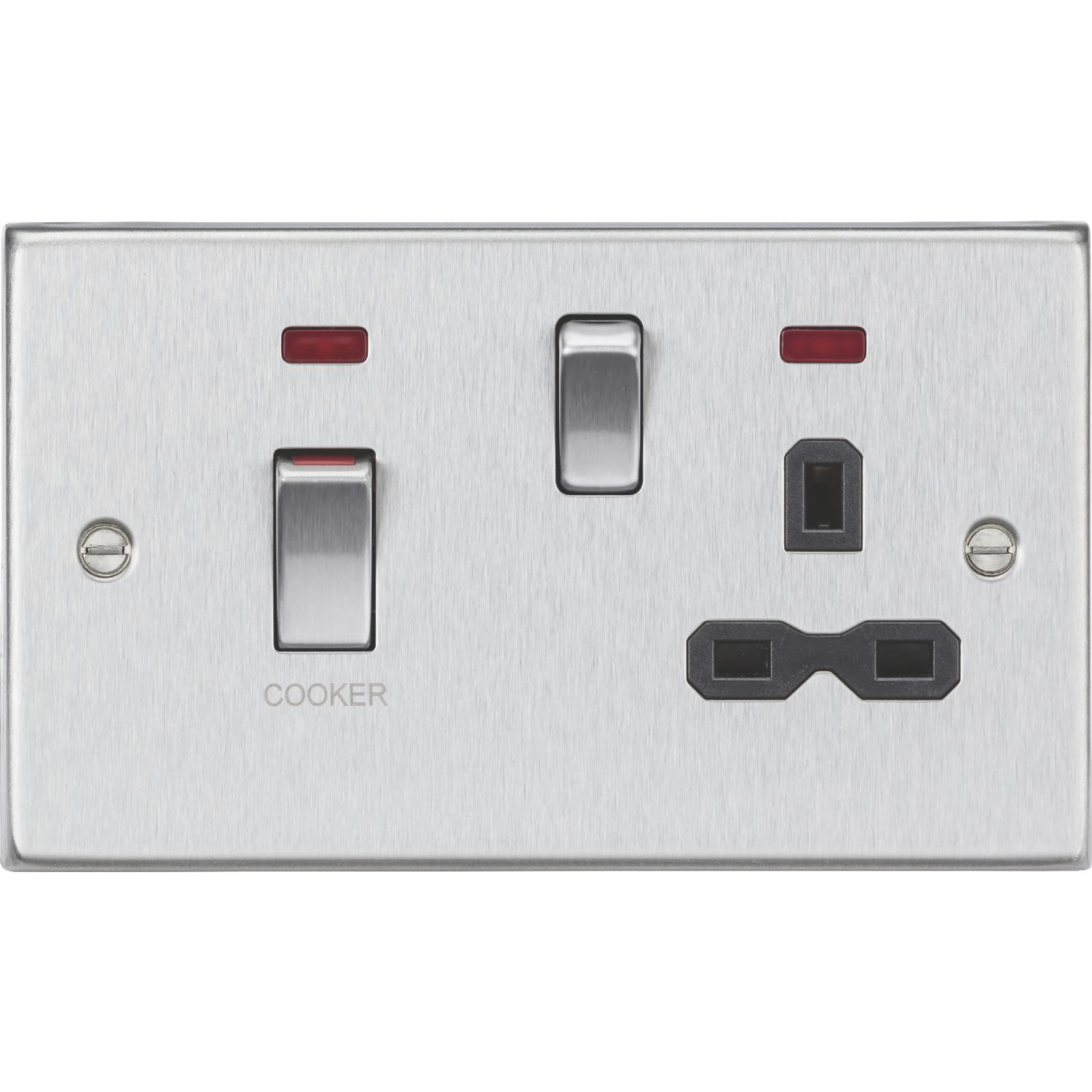 Knightsbridge 45A 2-Gang DP Cooker Switch & 13A DP Switched Socket Brushed Chrome with LED with Black Inserts (991VR)