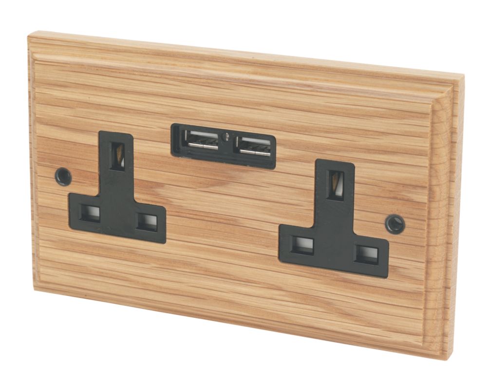Image of Varilight 13AX 2-Gang Unswitched Socket + 2.1A 2-Outlet Type A USB Charger Classic Oak with Black Inserts 