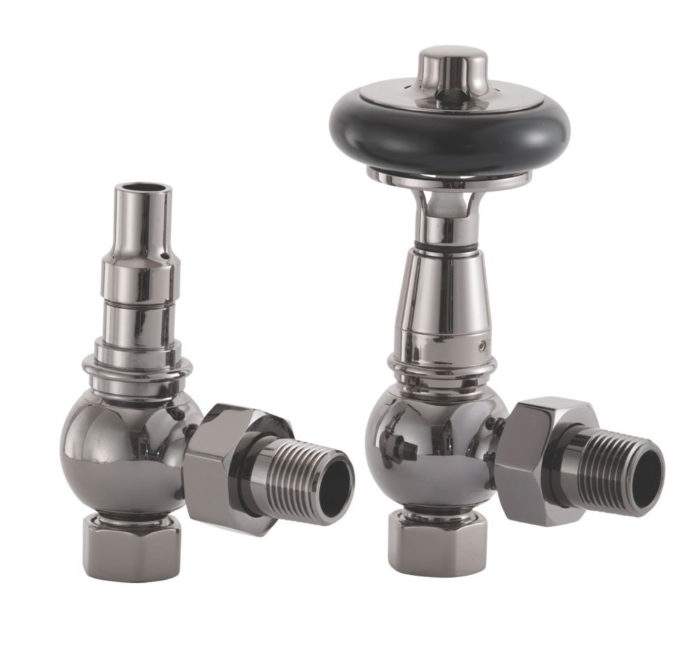 Image of Arroll UK-28 Black Angled Thermostatic Wooden Head TRV & Lockshield 15mm x 1/2" 