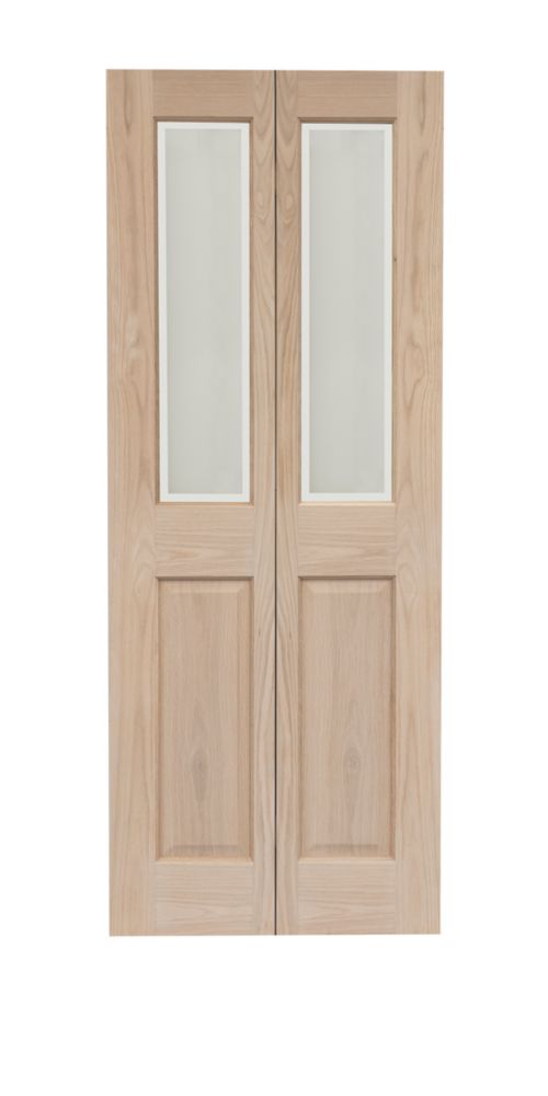 Image of Victorian 1-Door 2-Clear Light Unfinished Oak Wooden 2-Panel Internal Bi-Fold Glazed 1981mm x 762mm 