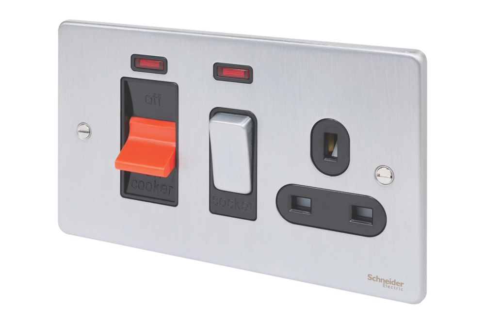 Image of Schneider Electric Ultimate Low Profile 45A 2-Gang DP Cooker Switch & 13A DP Switched Socket Brushed Chrome with Neon with Black Inserts 