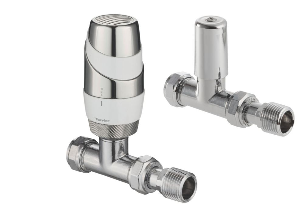 Image of Terrier Chrome Straight Thermostatic TRV & Lockshield 15mm x 1/2" 