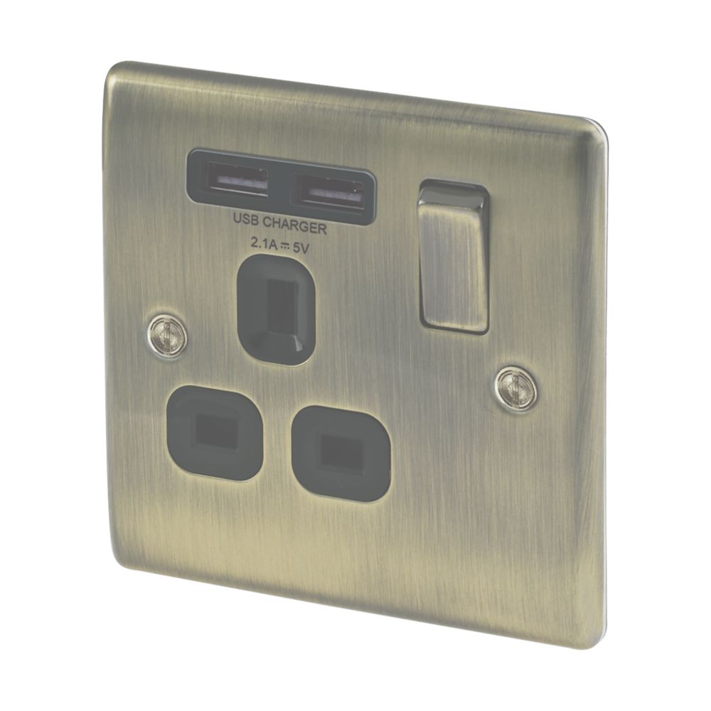 Image of British General Nexus Metal 13A 1-Gang SP Switched Socket + 2.1A 2-Outlet Type A USB Charger Antique Brass with Black Inserts 