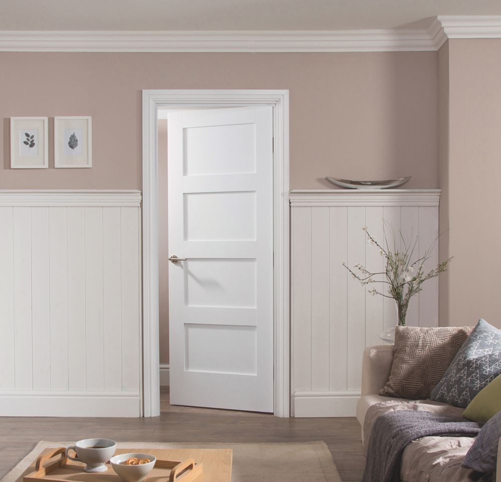 Image of Jeld-Wen Primed White Wooden 4-Panel Shaker Internal Door 1981mm x 838mm 