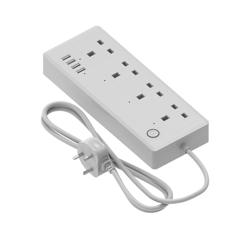 Image of Calex 13A 4-Gang Switched Surge-Protected Smart Extension Lead + 3.1A 4-Outlet Type A USB Charger White 1.4m 