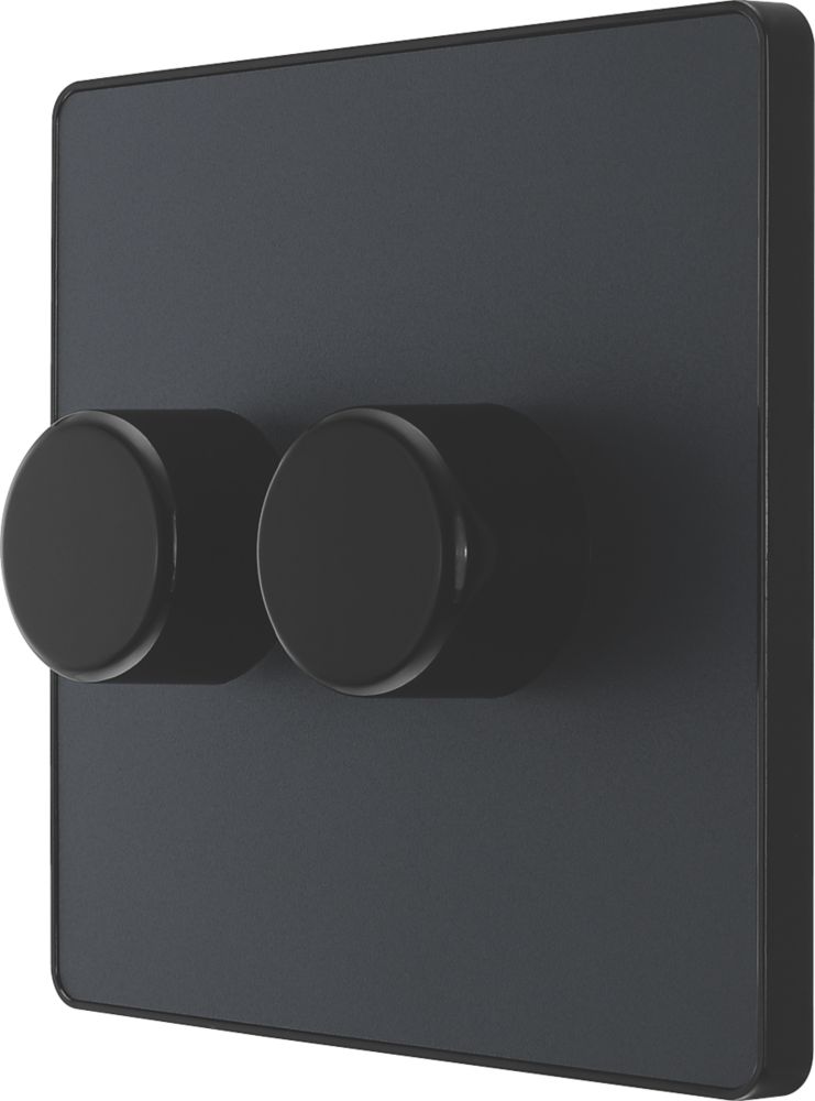 Image of British General Evolve 2-Gang 2-Way LED Trailing Edge Double Push Dimmer with Rotary Control Grey with Black Inserts 