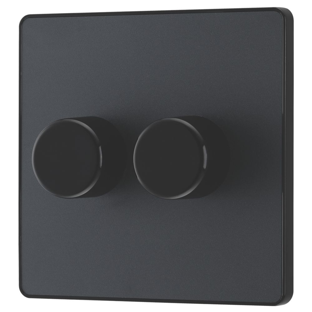 Image of British General Evolve 2-Gang 2-Way LED Trailing Edge Double Push Dimmer with Rotary Control Grey with Black Inserts 