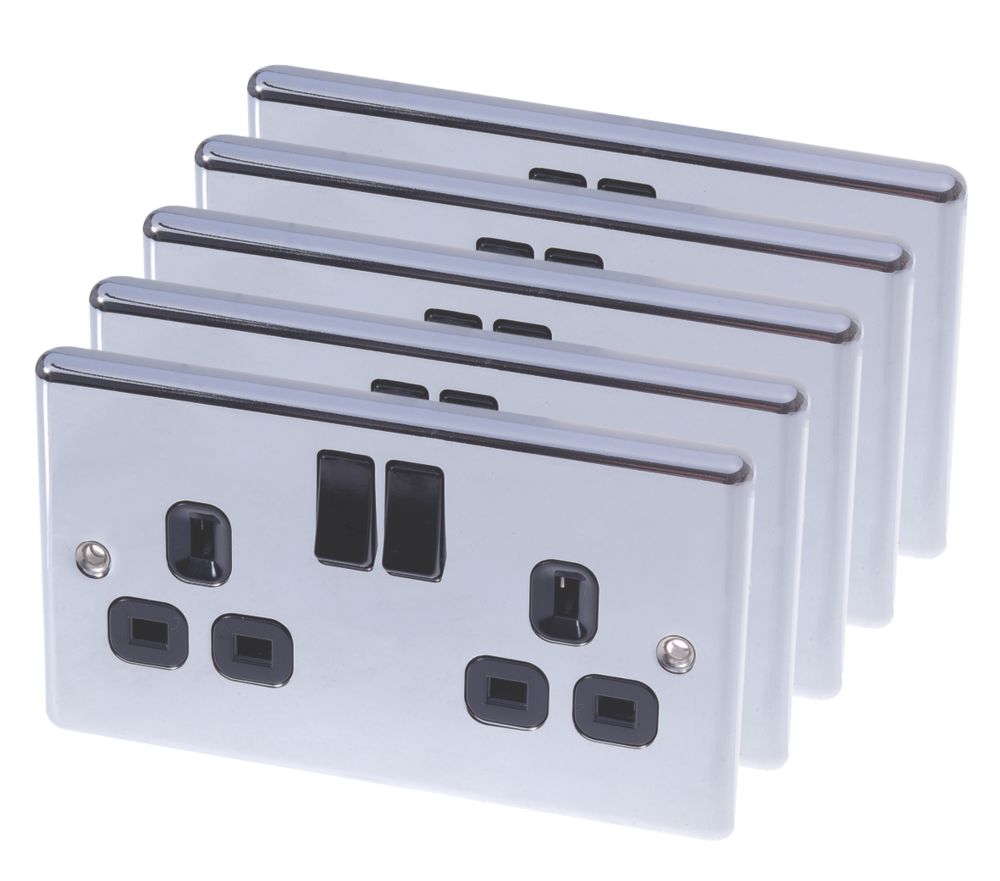 Image of LAP 13A 2-Gang SP Switched Plug Socket Polished Chrome with Black Inserts 5 Pack 