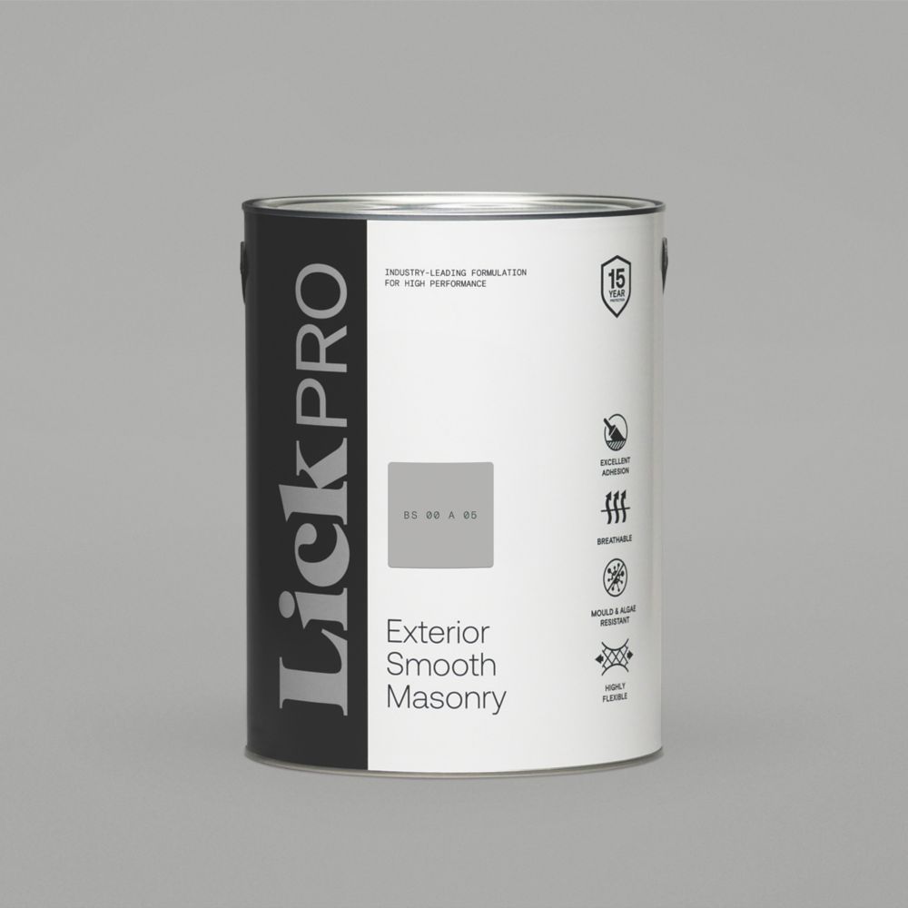 Image of LickPro Exterior Smooth Masonry Paint Grey BS 00 A 05 5Ltr 