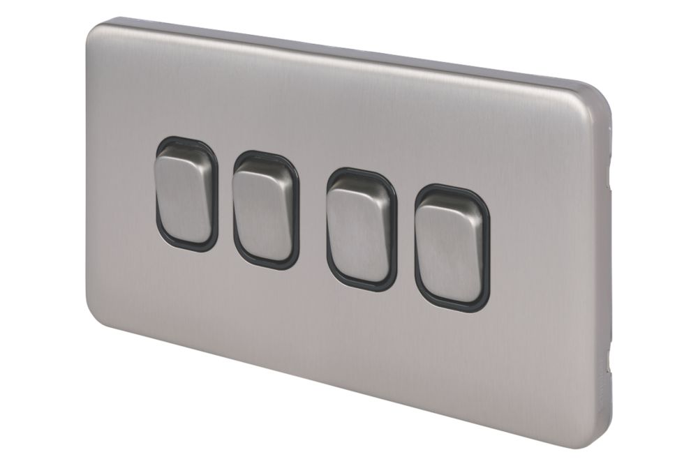 Image of Schneider Electric Lisse Deco 10AX 4-Gang 2-Way Light Switch Brushed Stainless Steel with Black Inserts 