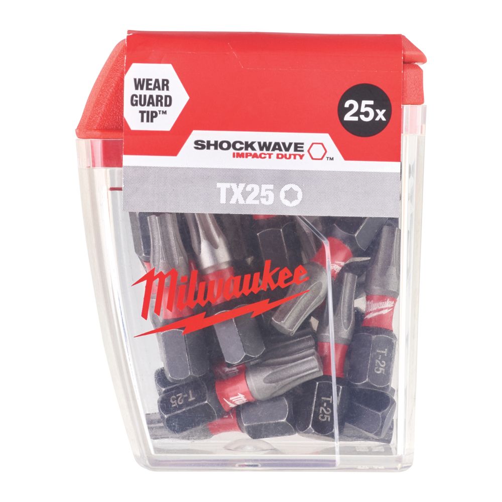 Image of Milwaukee SHOCKWAVE 1/4" 25mm Hex Shank TX25 Screwdriver Bits 25 Pack 
