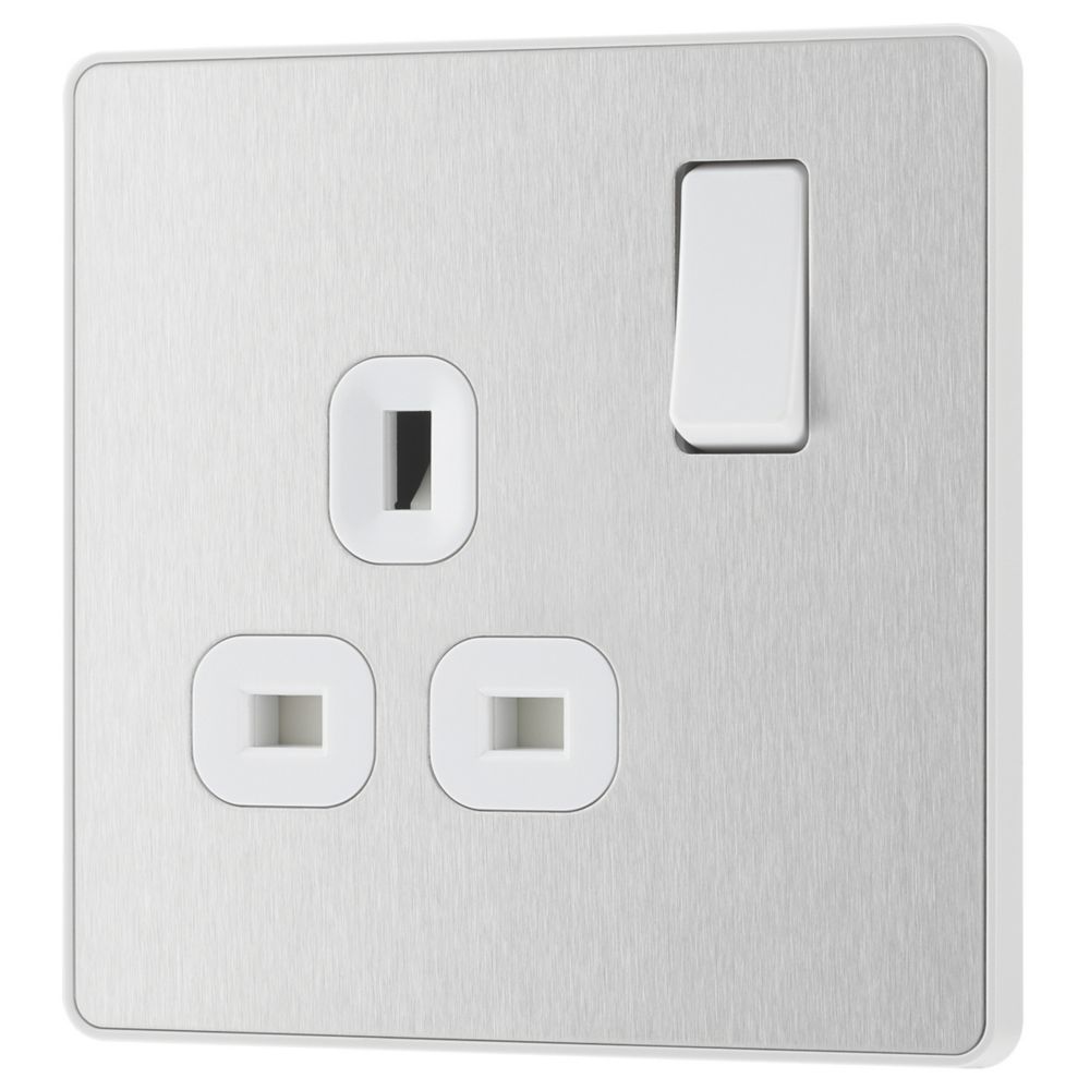 Image of British General Evolve 13A 1-Gang SP Switched Socket Brushed Steel with White Inserts 