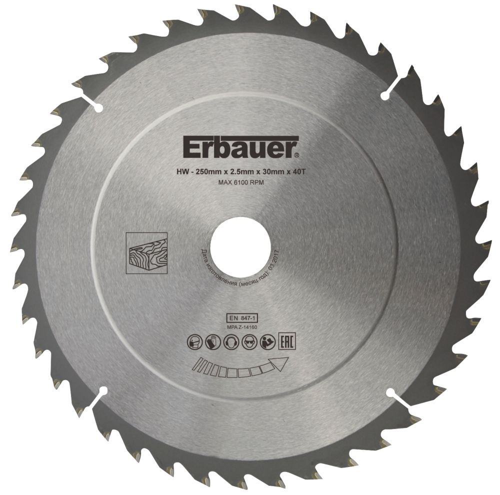 Image of Erbauer Wood TCT Saw Blade 250mm x 30mm 40T 