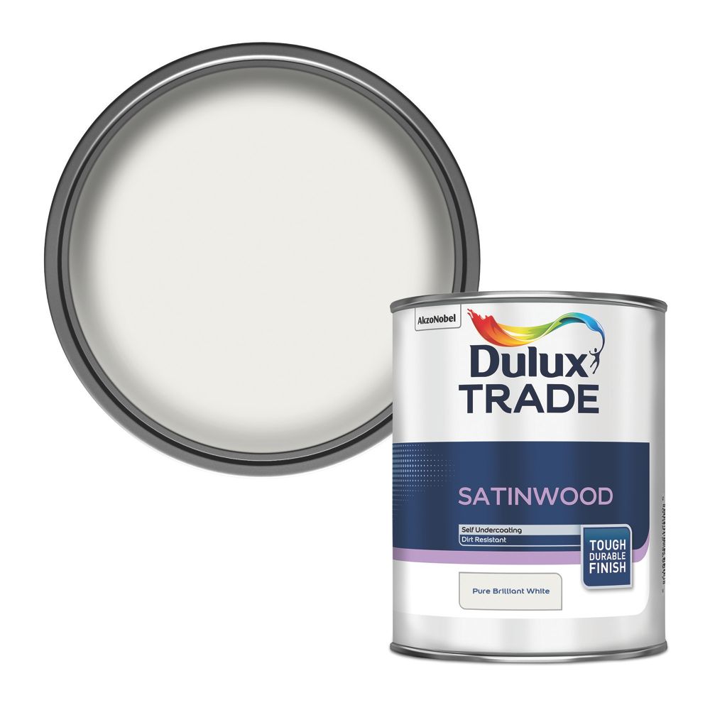 Image of Dulux Trade Satin Pure Brilliant White Trim Paint 1Ltr 