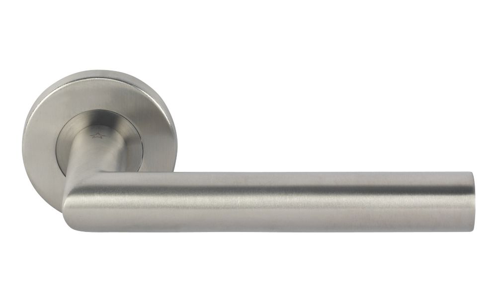Image of Eurospec Mitred Fire Rated Mitred Lever on Rose Pair Satin Stainless Steel 