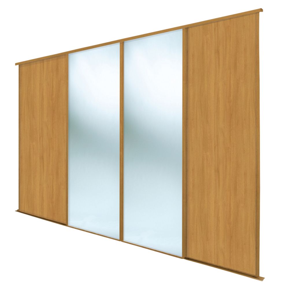 Image of Spacepro Classic 4-Door Sliding Wardrobe Door Kit Oak Frame Oak / Mirror Panel 2370mm x 2260mm 