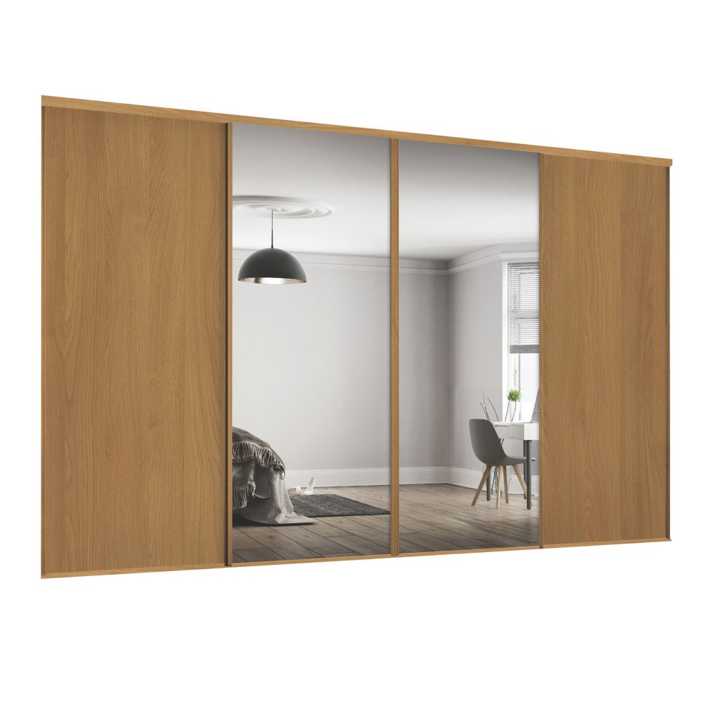 Image of Spacepro Classic 4-Door Sliding Wardrobe Door Kit Oak Frame Oak / Mirror Panel 2370mm x 2260mm 