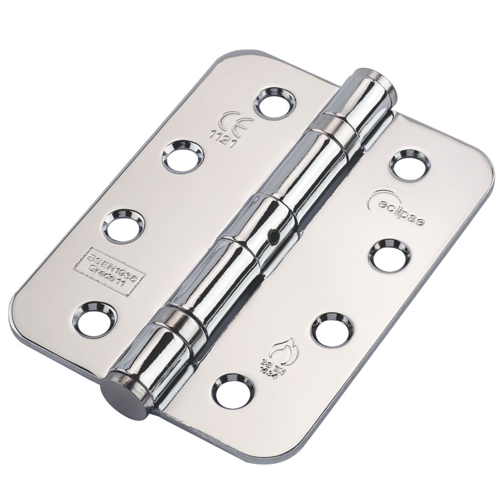 Image of Eclipse Polished Chrome Grade 11 Fire Rated Ball Bearing Fire Hinges Radius Corners 102mm x 76mm 2 Pack 