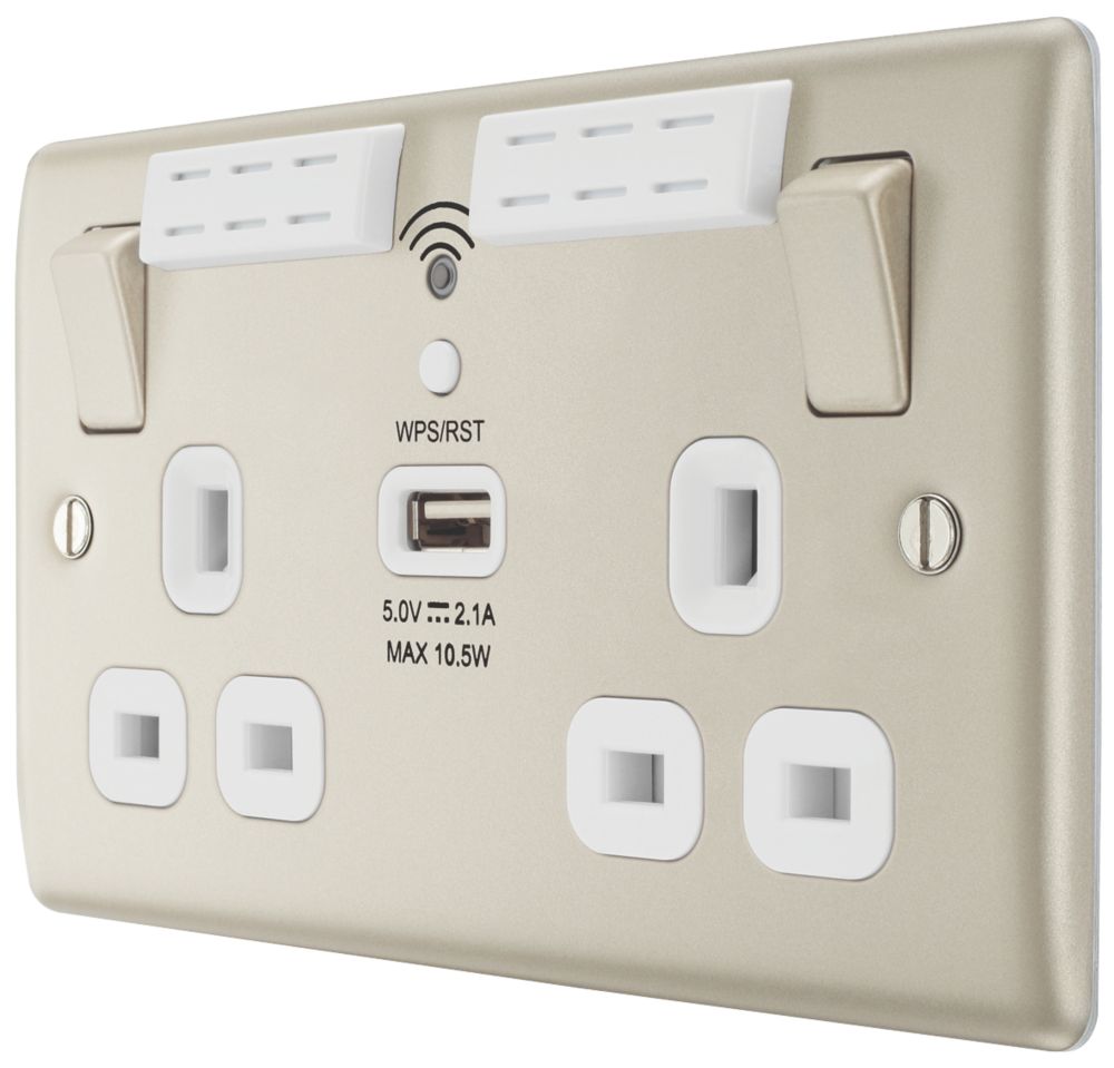 Image of British General Nexus Metal 13A 2-Gang SP Switched Double Socket With WiFi Extender + 2.1A 1-Outlet Type A USB Charger Pearl Nickel with White Inserts 