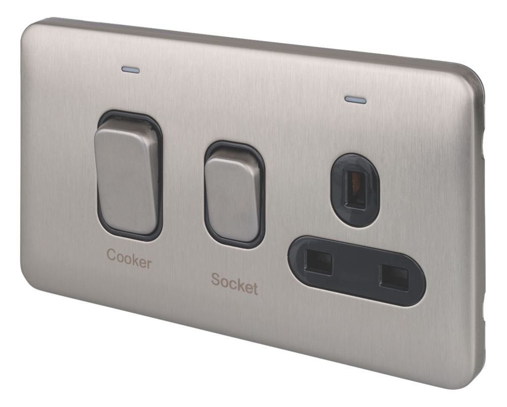 Image of Schneider Electric Lisse Deco 45A 2-Gang DP Cooker Switch & 13A DP Switched Socket Brushed Stainless Steel with LED with Black Inserts 