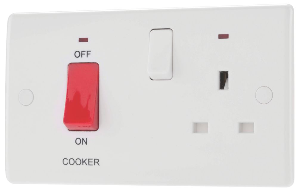 Image of British General 800 Series 45A 2-Gang DP Cooker Switch & 13A DP Switched Socket White with LED 