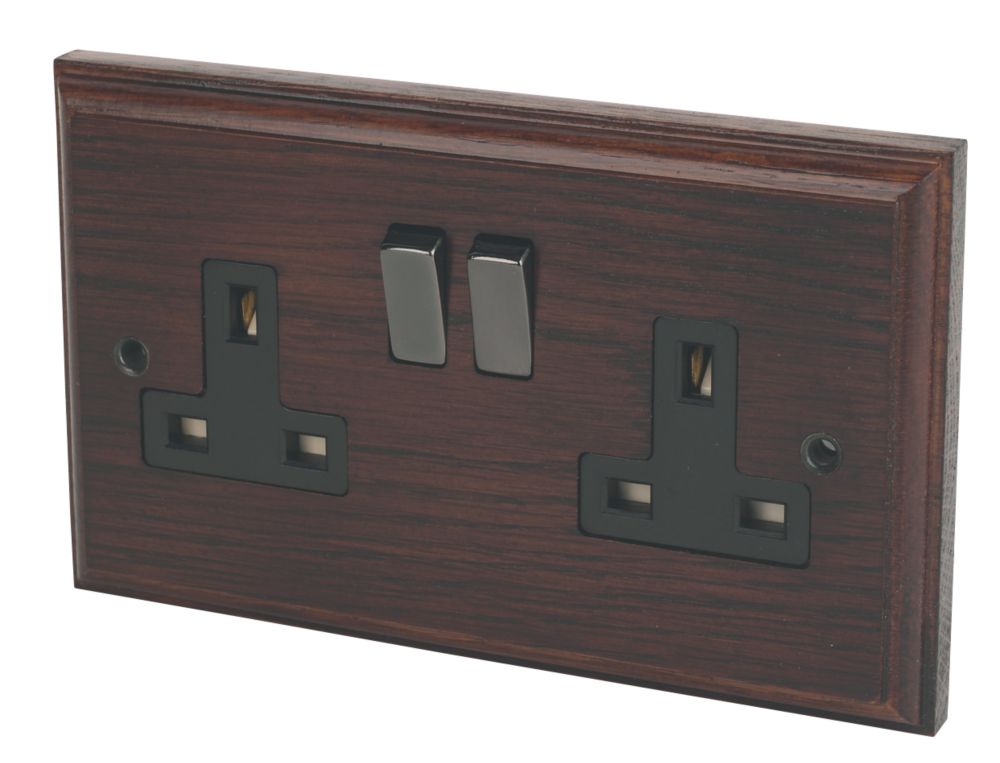 Image of Varilight 13AX 2-Gang DP Switched Plug Socket Dark Oak with Black Inserts 