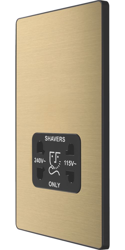 Image of British General Evolve 2-Gang Dual Voltage Shaver Socket 115/240V Satin Brass with Black Inserts 