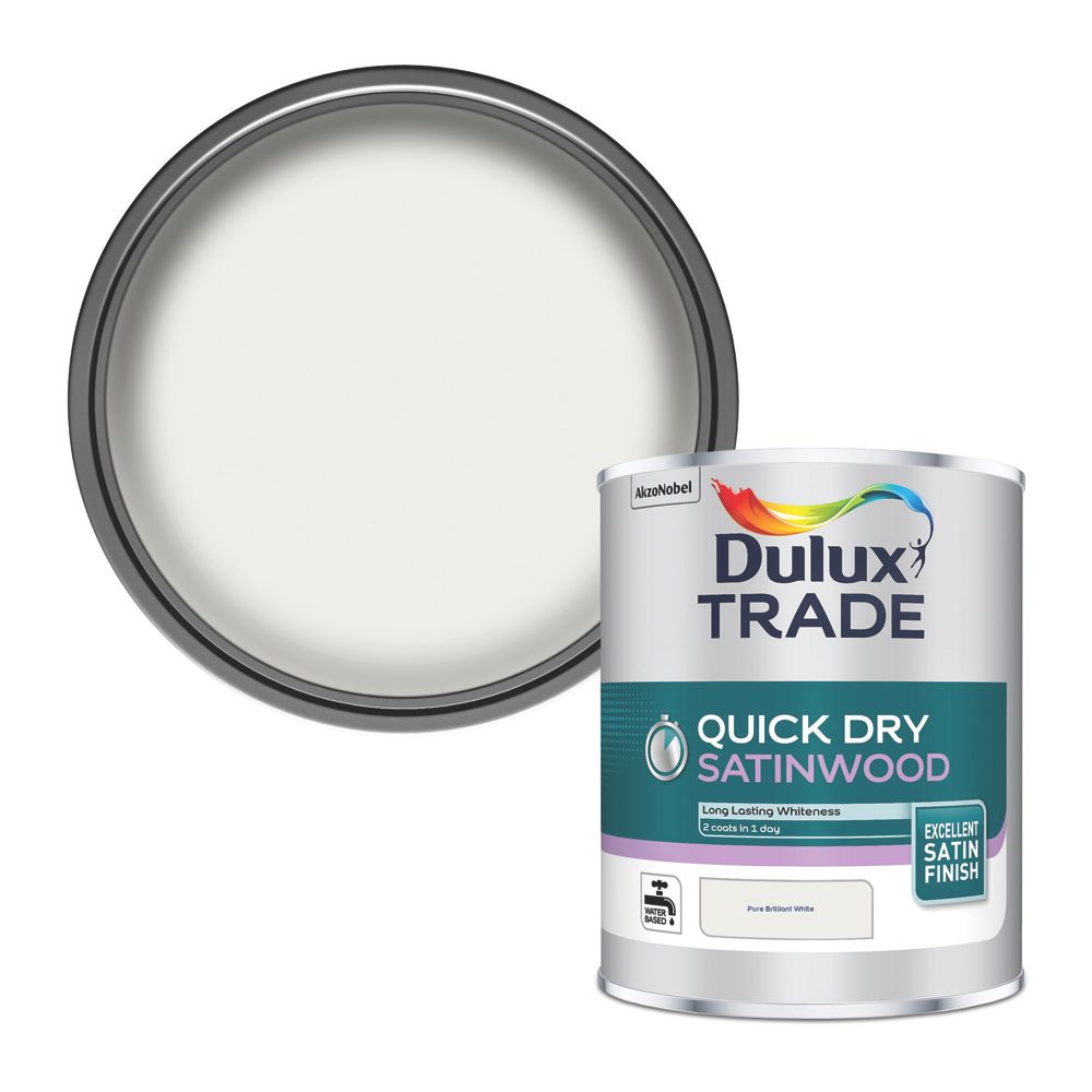 Image of Dulux Trade Satin Pure Brilliant White Trim Quick-Dry Paint 1Ltr 