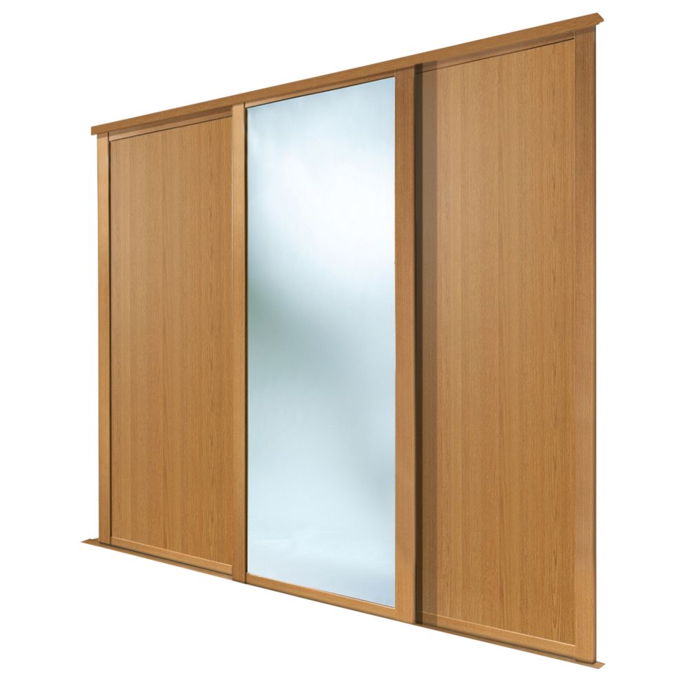 Image of Spacepro Shaker 3-Door Sliding Wardrobe Doors Oak Frame Oak / Mirror Panel 2136mm x 2260mm 