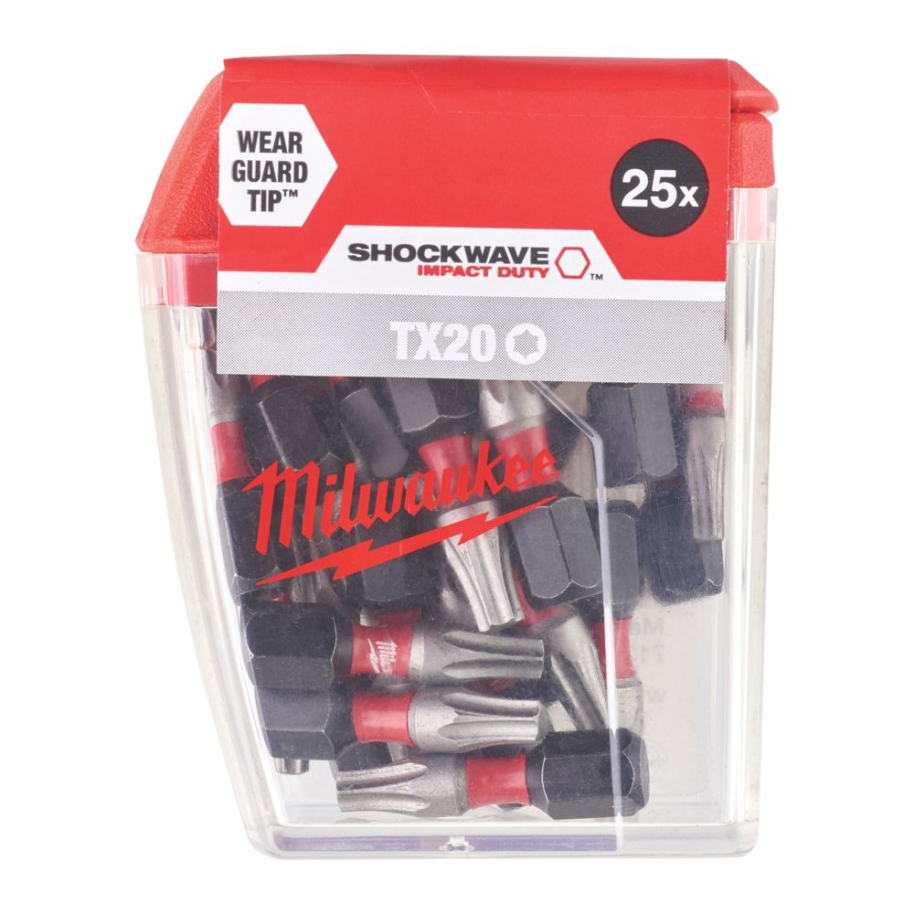 Image of Milwaukee SHOCKWAVE 1/4" 25mm Hex Shank TX20 Screwdriver Bits 25 Pack 