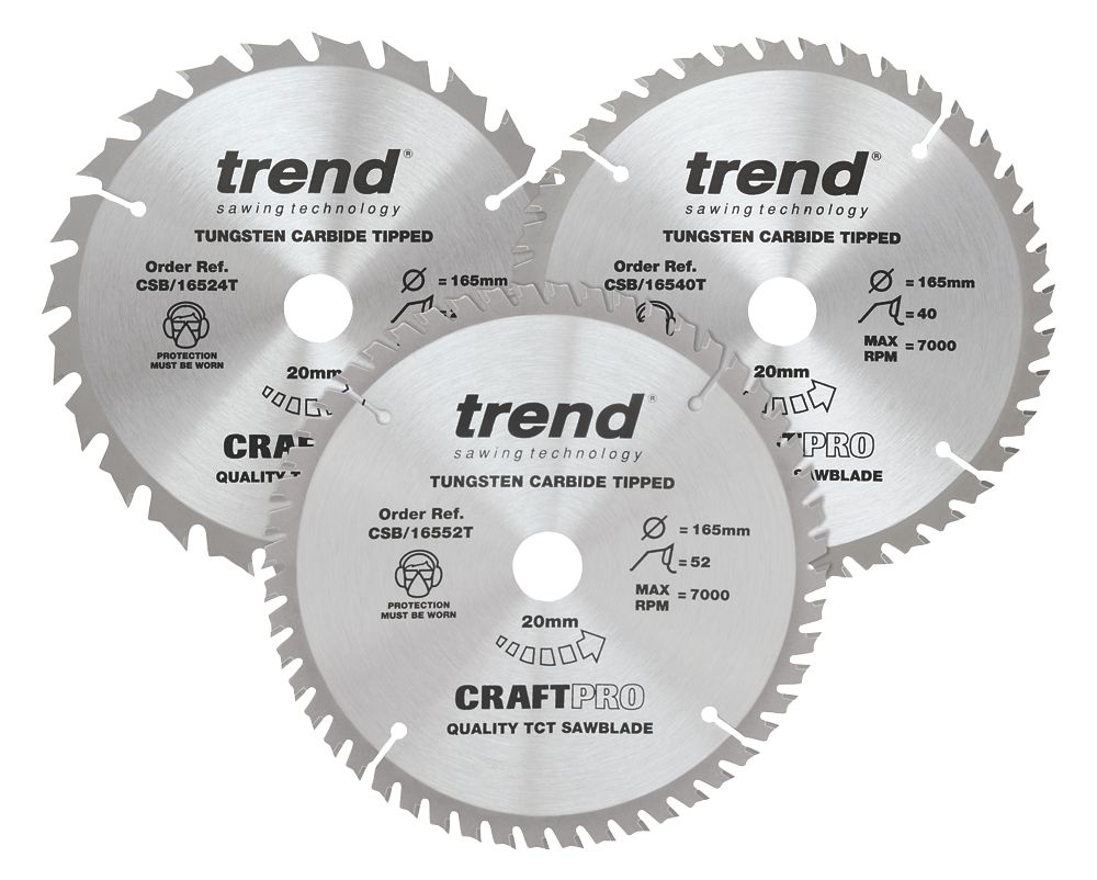 Image of Trend Wood TCT Circular Saw Blades 165mm x 20mm 24 / 40 / 52T 3 Pack 