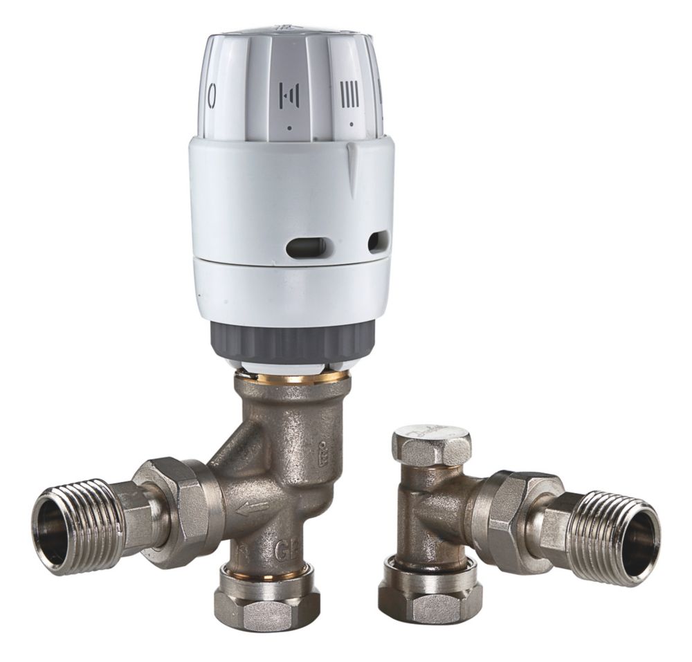 Image of Danfoss RAS-BÂ² White Angled Thermostatic Self Balancing TRV, Lockshield Valve & Sensor 10mm x 1/2" 