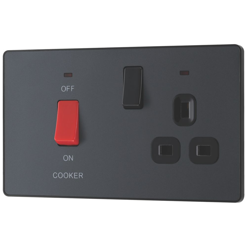 Image of British General Evolve 45A 2-Gang 2-Pole Cooker Switch & 13A DP Switched Socket Grey with LED with Black Inserts 