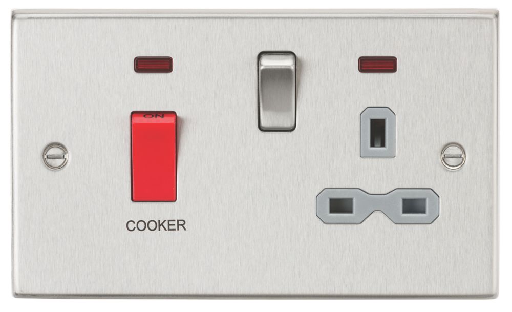 Image of Knightsbridge 45 & 13A 2-Gang DP Cooker Switch & 13A DP Switched Socket Brushed Chrome with LED with Colour-Matched Inserts 