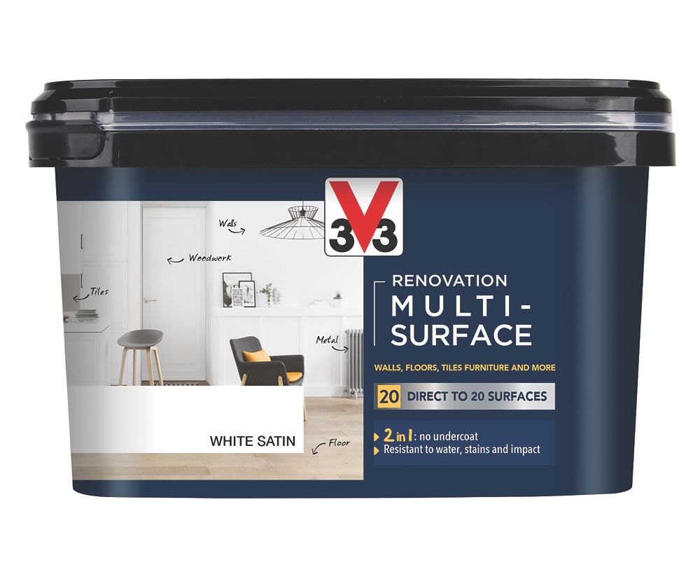 Image of V33 Satin White Acrylic Renovation Multi-Surface Paint 2Ltr 