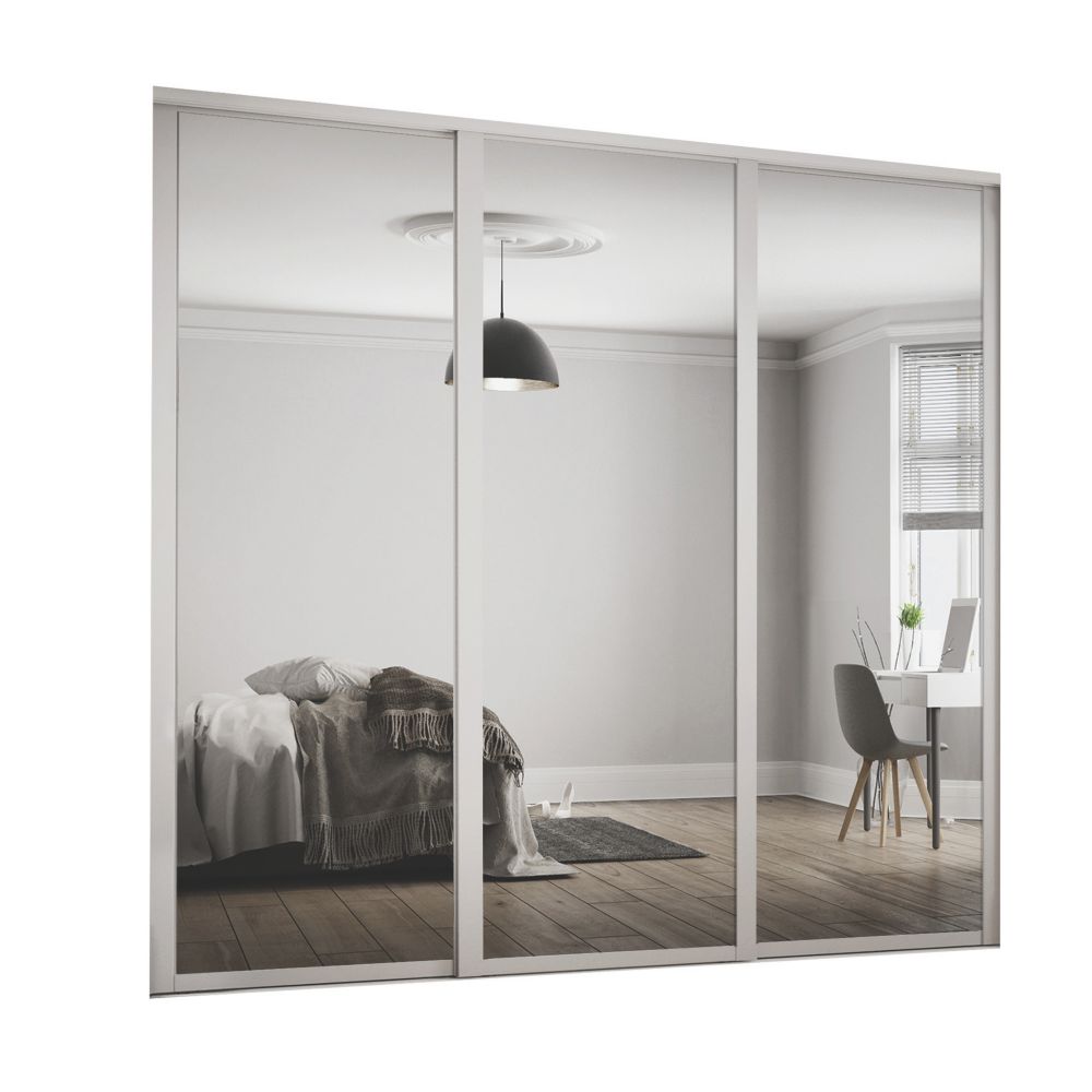 Image of Spacepro 3-Door Sliding Wardrobe Door Kit Dove Grey Frame Mirror Panel 2136mm x 2260mm 