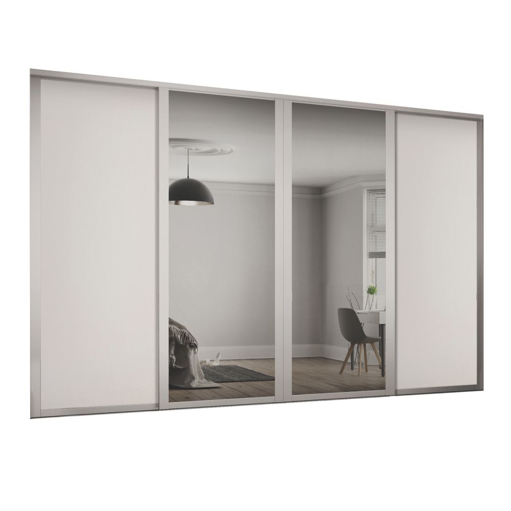 Image of Spacepro Shaker 4-Door Sliding Wardrobe Door Kit Cashmere Frame Cashmere / Mirror Panel 2898mm x 2260mm 