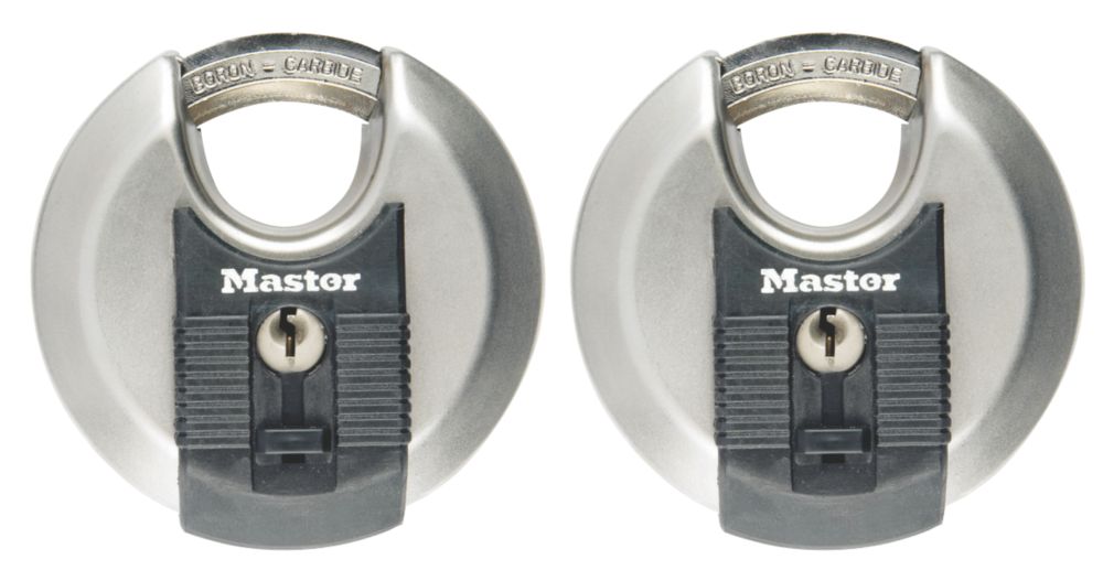 Image of Master Lock Excell Stainless Steel Keyed Alike Weatherproof Disc Padlocks 70mm 2 Pack 