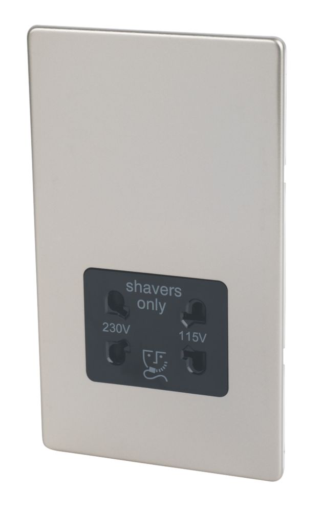 Image of Varilight 2-Gang Dual Voltage Shaver Socket 115 / 230V Satin Chrome with Black Inserts 