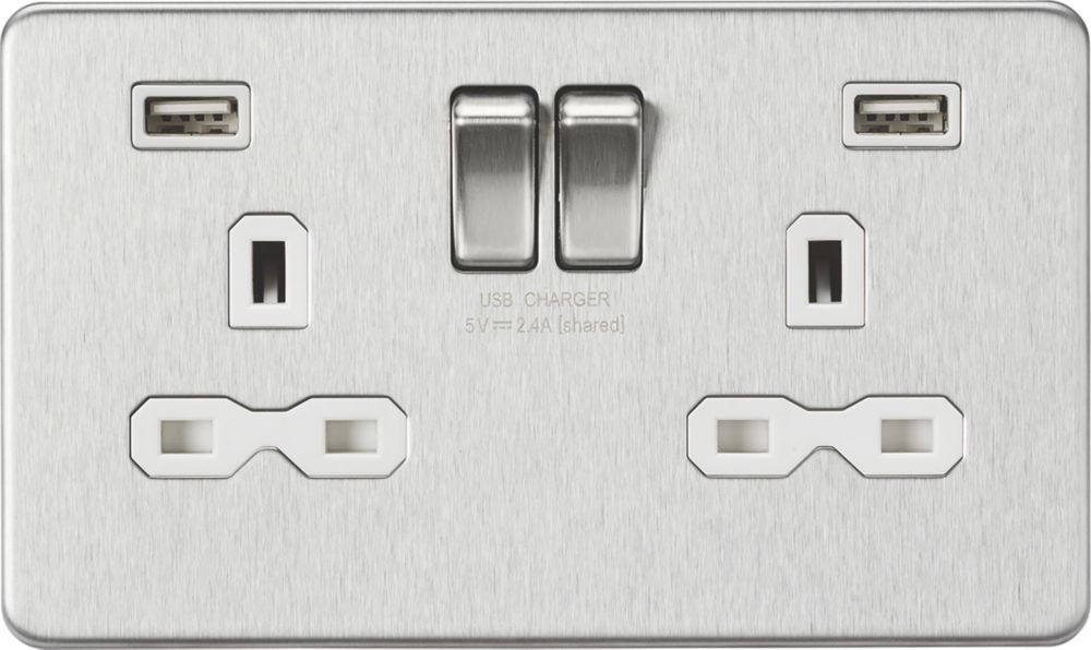 Image of Knightsbridge 13A 2-Gang SP Switched Socket + 2.4A 2-Outlet Type A USB Charger Brushed Chrome with White Inserts 