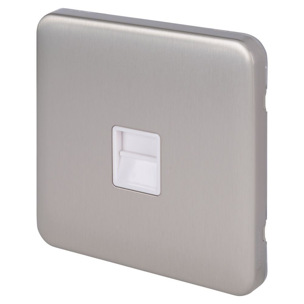 Image of Schneider Electric Lisse Deco Master Telephone Socket Brushed Stainless Steel with White Inserts 