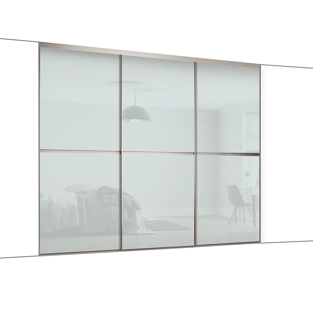 Image of Spacepro Minimalist 3-Door Sliding Wardrobe Door Kit Silver Frame Arctic White Glass Panel 2718mm x 2260mm 