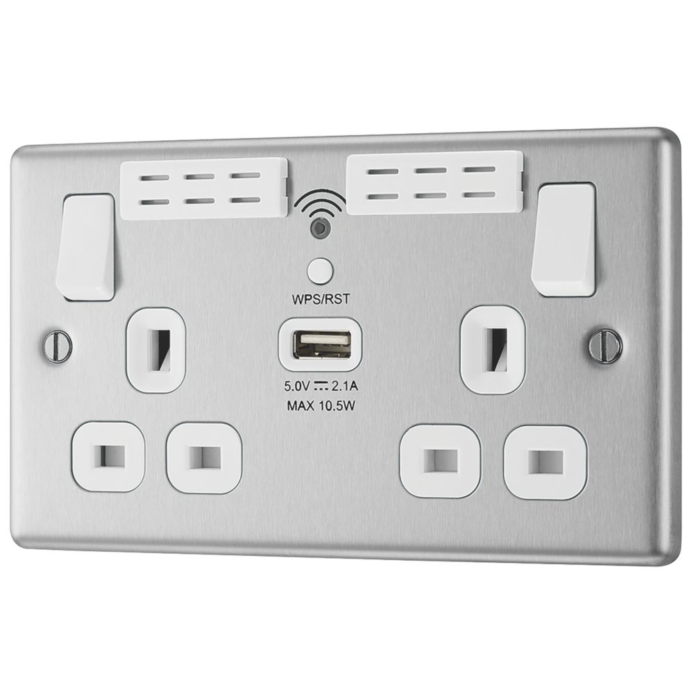 Image of LAP 13A 2-Gang SP Switched Wi-Fi Extender + 2.1A 1-Outlet Type A USB Charger Brushed Steel with White Inserts 