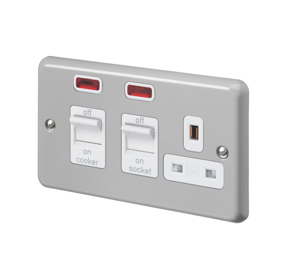 Image of MK Contoura 45A 2-Gang DP Cooker Switch & 13A DP Switched Socket Grey with Neon with White Inserts 