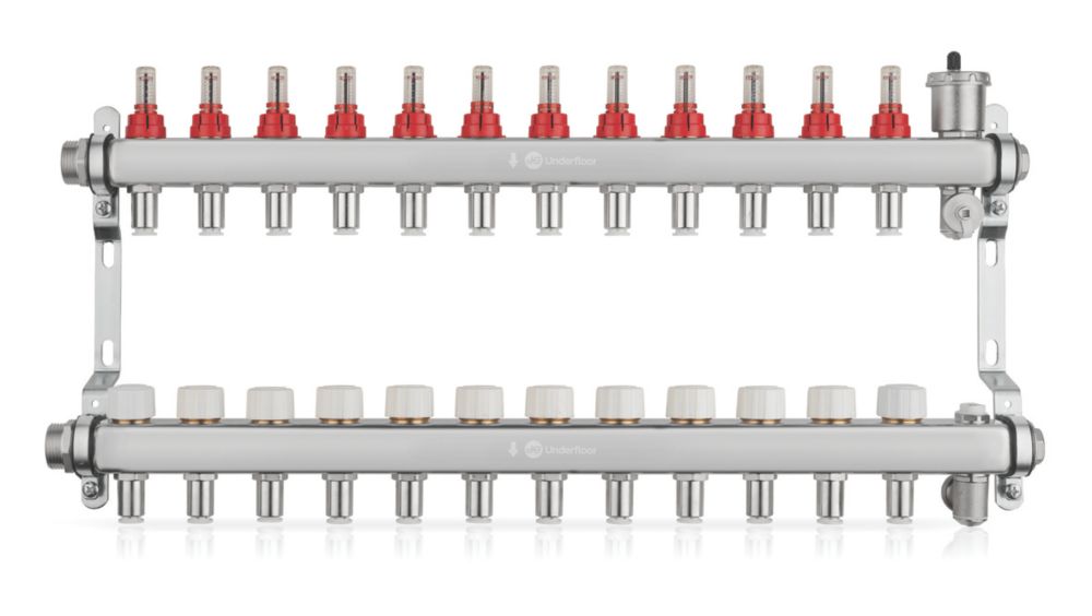 Image of JG Underfloor 12 Port LowFit Underfloor Heating Manifold Brushed Steel 