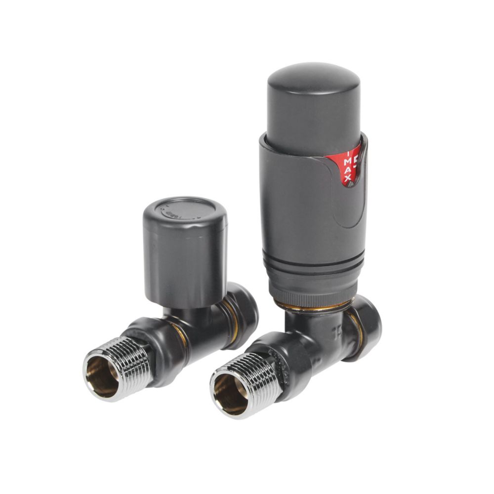 Image of Towelrads Anthracite Straight Thermostatic TRV & Lockshield 15mm x 1/2" 