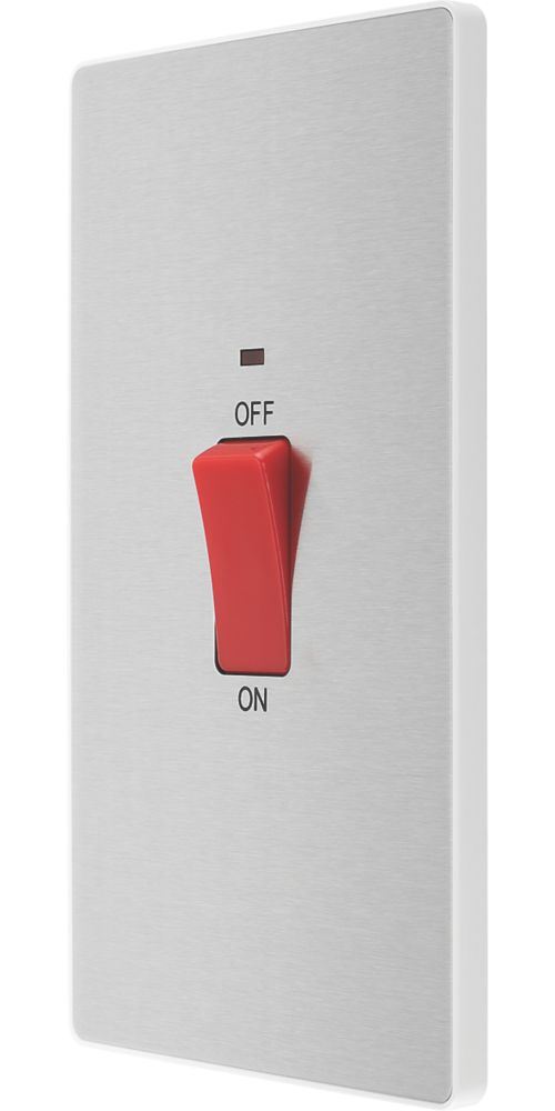 Image of British General Evolve 45A 2-Gang 2-Pole Cooker Switch Brushed Steel with LED with White Inserts 