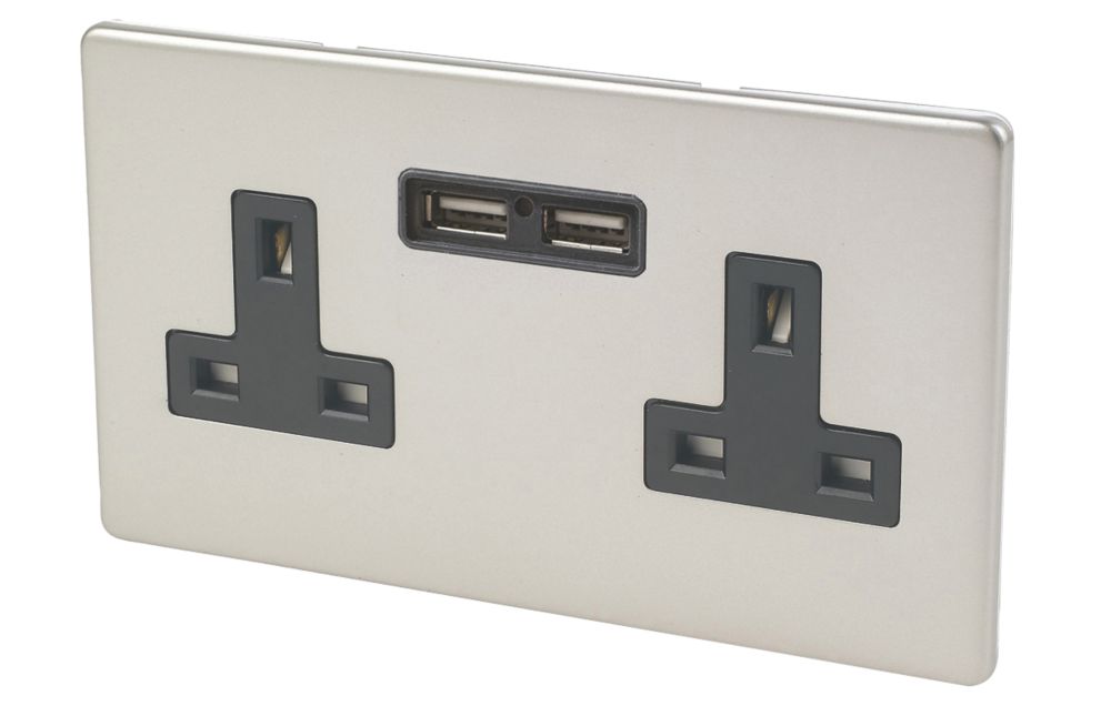 Image of Varilight 13AX 2-Gang Unswitched Socket + 2.1A 2-Outlet Type A USB Charger Satin Chrome with Black Inserts 