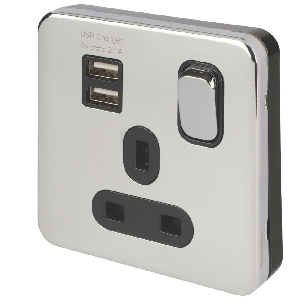 Image of Schneider Electric Lisse Deco 13A 1-Gang SP Switched Socket + 2.1A 2-Outlet Type A USB Charger Polished Chrome with Black Inserts 
